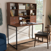 Baxton Studio WS12202-Coffee/Black Edwin Rustic Industrial Style Brown Wood and Metal 2-in-1 Bookcase Writing Desk